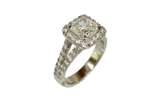 cushion cut diamond halo engagement ring with split shank