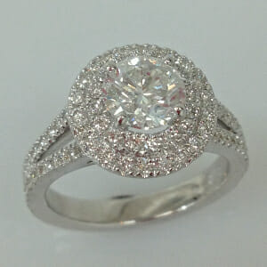 double halo diamond engagement ring with split side diamond shank by keezing kreations