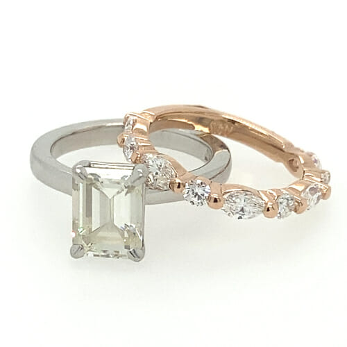 white gold and rose gold engagement ring and wedding band combination